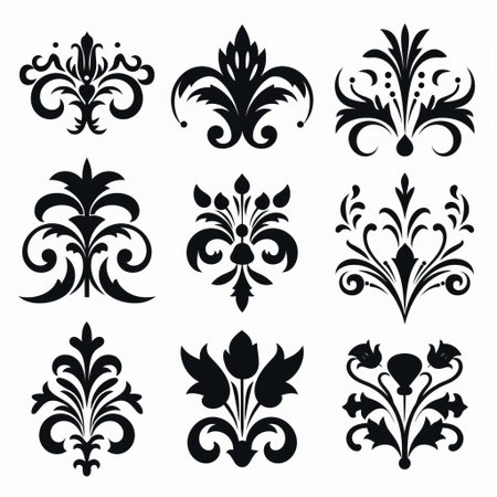 damask vector icons stand out against a crisp white background, showcasing intricate floral patterns and ornate designs, perfect for adding an touch of elegance and sophistication to any design project, from luxury branding to high-end packaging and stationery. ai generatedの素材