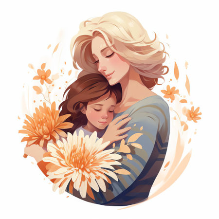 mother lovingly holding her adorable baby close, surrounded by gentle flowers and soft pastel colors, set against a clean white background, perfect for mother's day cards, family announcements, and heartwarming designs celebrating maternal love and bonding. ai generatedの素材