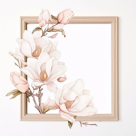 the elegant magnolia frame, adorned with delicate watercolor flowers, stands out against a pristine white background, evoking a sense of sophistication and refinement, perfect for adding a touch of vintage charm to any room's decor, and making a beautiful statement piece for nature lovers and art enthusiasts alike. ai generatedの素材