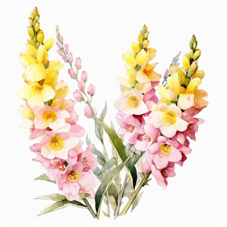 the verbascum flower, with its delicate purple petals and yellow center, takes center stage in this beautiful watercolor artwork, set against a crisp white background, showcasing the intricate details of this lovely botanical specimen in a soft, dreamy light. ai generatedの素材