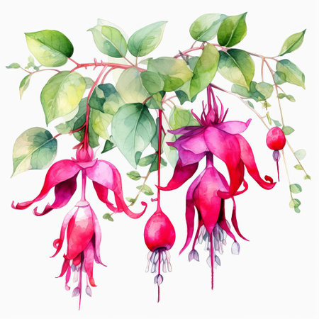 the fuchsia flower, a delicate and vibrant bloom, is beautifully illustrated in this stunning watercolor clipart design, featuring intricate details and soft, blended hues, perfect for adding a touch of elegance to any digital project or print material, ideal for botanical and floral themed designs. ai generatedの素材