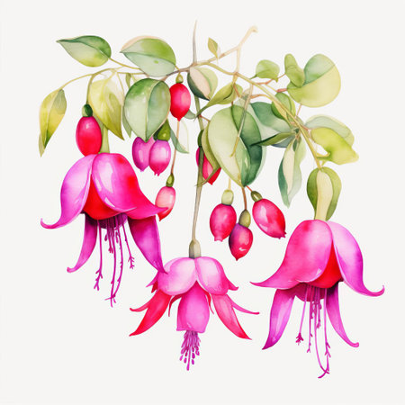 the fuchsia flower is beautifully illustrated in this stunning watercolor clipart, featuring a single, delicate design element in a vibrant pinkish-purple hue, perfect for adding a touch of elegance to any digital project, from invitations to packaging, with its intricate vector details. ai generatedの素材