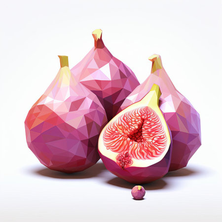 the fig, a luscious and sweet fruit, is beautifully showcased in a stunning low poly style on a crisp white background, highlighting its vibrant green color and intricate textures, perfect for foodies, designers, and art enthusiasts alike, evoking feelings of freshness and simplicity. ai generatedの素材