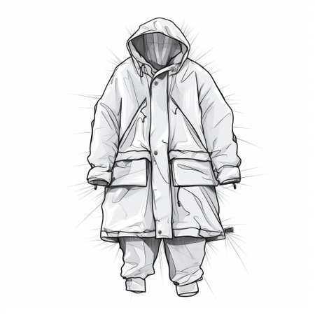 anorak illustration showcases a detailed outline of the popular waterproof jacket on a crisp white background, highlighting its functional design features, such as adjustable cuffs and hem, and a fitted silhouette, perfect for outdoor enthusiasts and fashion enthusiasts alike, emphasizing its versatility and style. ai generatedの素材