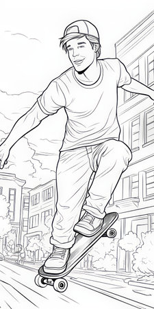 skateboarders of all ages will love this vibrant skateboarding coloring page, featuring a cool dude performing a daring trick on his board, surrounded by bold lines, bright colors, and dynamic shapes, perfect for kids and adults to express their creativity and passion for extreme sports. ai generatedの素材