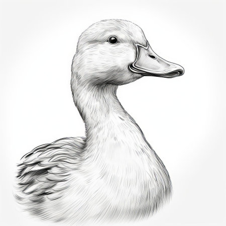 a duck is beautifully illustrated in simple line art style, standing out against a crisp white background, showcasing its elegant feathers and charming personality, perfect for nature lovers and art enthusiasts alike, evoking feelings of serenity and calmness. ai generatedの素材