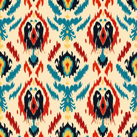 the vibrant ikat pattern adorns this stunning textile, showcasing a mesmerizing blend of traditional craftsmanship and modern style, featuring intricate, blurred designs in a kaleidoscope of colors, perfect for adding a touch of global chic to any interior space or fashion accessory. ai generatedの素材