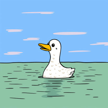 the duck, with its bright yellow beak and shiny feathers, waddles happily in the vibrant green grass, surrounded by colorful flowers, in this playful and humorous illustration by allie brosh, capturing the carefree spirit of childhood and the joy of nature exploration. ai generatedの素材