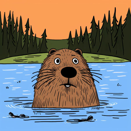 the beaver, featured in a humorous illustration by allie brosh, is depicted in a whimsical environment, showcasing its remarkable engineering skills as it constructs a dam in a serene forest surrounded by lush greenery and tranquil water, highlighting its importance in shaping ecosystems. ai generatedの素材