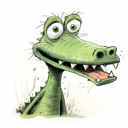 the crocodile, depicted in a humorous and amateurish cartoon sketch, showcases its toothy grin and scaly skin, surrounded by rough lines and uneven shapes, giving it a charmingly imperfect and whimsical appearance, perfect for adding a touch of playful humor to any design or illustration. ai generatedの素材