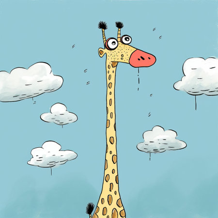 the giraffe, majestically posed in a whimsical illustration by allie brosh, showcases its iconic long neck and legs, blending into a subtle background, highlighting the beauty of african wildlife and the wonders of the savannah, evoking a sense of curiosity and adventure. ai generatedの素材