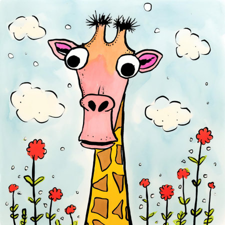 the giraffe, illustrated in a whimsical style by artist allie brosh, stands tall with its long neck and legs, showcasing its unique spots and gentle expression, capturing the essence of this majestic african animal in a playful and humorous way, perfect for nature and wildlife enthusiasts. ai generatedの素材