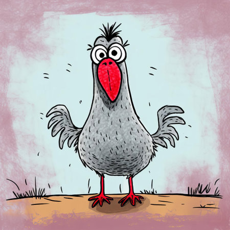 the chicken, depicted in a humorous and simplistic style, stands proudly with its feathers ruffled, showcasing a charmingly imperfect cartoon sketch that exudes a sense of playful whimsy, evoking feelings of nostalgia and childlike wonder, perfect for fans of quirky illustration and amateur art. ai generatedの素材