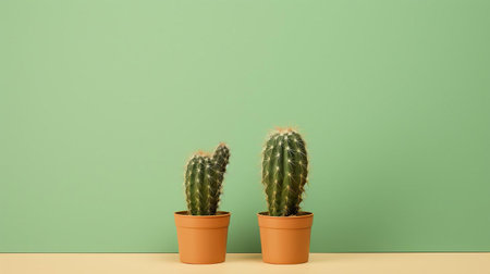 cacti stand proudly in sleek, modern pots against a calming mint green background, creating a visually appealing contrast that showcases the beauty of these low-maintenance plants, while the simple, elegant composition draws the viewer's eye to the intricate details of the succulents. ai generatedの素材