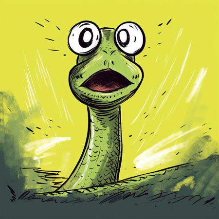 the snake, depicted in a simplistic and amateurish cartoon style, slithers across the page with a wonky body and mismatched scales, showcasing the artist's novice skills in illustration and design, with a dash of humor and whimsy in this playful, hand-drawn reptile rendering. ai generatedの素材