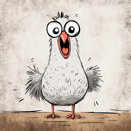the cartoon chicken, depicted in a simplistic and humorous manner, showcases a poorly drawn yet endearing sketch of a farm animal, featuring bold lines, vibrant colors, and exaggerated facial expressions, evoking a sense of playful whimsy and childlike creativity in digital illustration and amateur art. ai generatedの素材