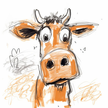 a cow stands awkwardly in this poorly drawn cartoon sketch, its misshapen body and lopsided ears a testament to the artist's novice skills, yet somehow still conveying a sense of rustic charm and playful whimsy, evoking feelings of nostalgia and simplicity in rural farm life and countryside scenery. ai generatedの素材