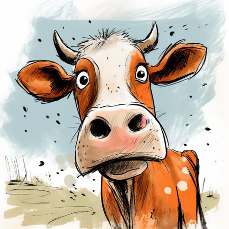 a cow stands awkwardly in this poorly drawn cartoon sketch, its mismatched body parts and sloppy lines making it a humorous and relatable representation of amateur art, perfect for those who appreciate quirky illustrations and imperfect drawings with a touch of whimsy and humor. ai generatedの素材