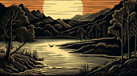 the serene river winds its way through the lush green forest, surrounded by towering trees and vibrant foliage, in this stunning woodcut artwork, evoking a sense of tranquility and connection with nature, perfect for art lovers and environmental enthusiasts alike. ai generatedの素材