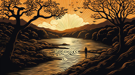the serene river winds its way through the lush green forest, surrounded by towering trees and vibrant foliage, in this stunning woodcut artwork, evoking a sense of tranquility and connection with nature, perfect for art lovers and outdoor enthusiasts alike, capturing the beauty of the natural world. ai generatedの素材