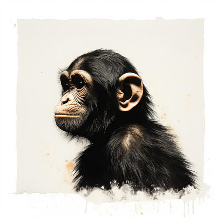 this charming retro chimp is the star of a stunning minimalist monotype print, featuring bold black lines and subtle texture, evoking a sense of nostalgia and playfulness, perfect for fans of vintage illustration and animal art, adding a touch of whimsy to any modern space. ai generatedの素材