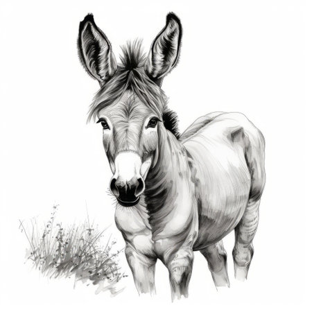 a donkey stands out against a crisp white background, its body beautifully rendered in bold black and white lines, creating a striking contrast that highlights its gentle features and rustic charm, perfect for illustrations, designs, and digital art projects. ai generatedの素材