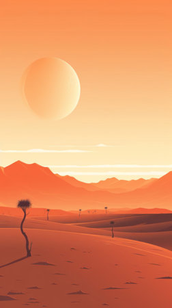 desert landscape stretches far and wide in this minimalist cartoon illustration, featuring a bright blue sky, soft sandy dunes, and a few scattered cacti, creating a serene and peaceful atmosphere, perfect for relaxation and daydreaming. ai generatedの素材