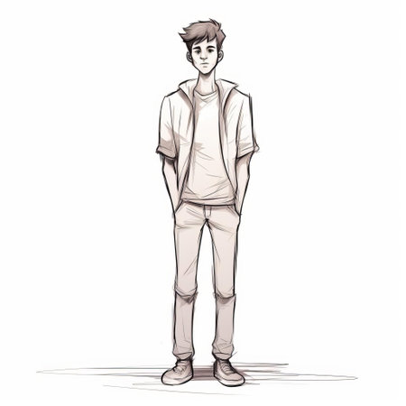 the cartoon character stands awkwardly, showcasing a poorly drawn full-body sketch of a male figure with sloppy lines, uneven proportions, and a lack of detail, exemplifying a humorous and amateurish artistic attempt, perfect for illustrating a humorous take on masculinity or a relatable moment of creative failure. ai generatedの素材
