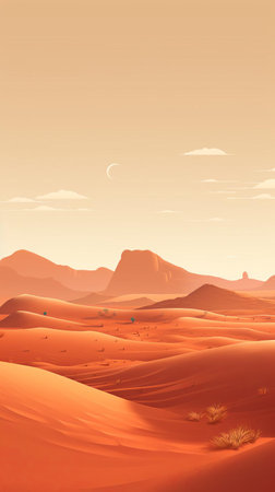 desert landscape stretches out in a vibrant, minimalist cartoon illustration, featuring a bright blue sky with fluffy white clouds, a few scattered palm trees, and a vast expanse of golden sand dunes, perfect for a fun and playful visual representation of a serene desert scene. ai generatedの素材