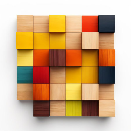 the wooden icon stands out against a crisp white background, surrounded by vibrant color blocks that add a pop of creativity to this visually striking design, perfect for modern graphics, logos, and digital art projects requiring a touch of natural elegance. ai generatedの素材
