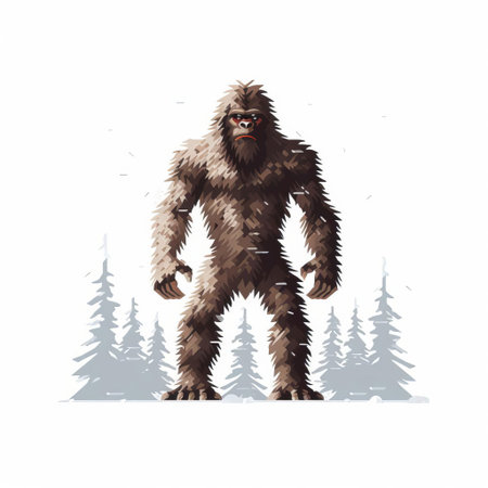 the sasquatch sprite, a mythical creature, stands out against a crisp white background in this vibrant pixel art illustration, showcasing its furry features and mysterious gaze, perfect for fantasy and adventure game designs or mythical creature enthusiasts. ai generatedの素材