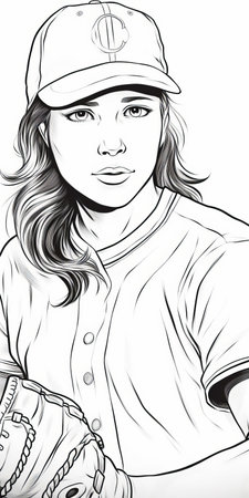the softball coloring page features a detailed illustration of a softball, complete with stitching and texture, surrounded by bats, gloves, and other equipment, perfect for kids and sports enthusiasts to express their creativity and love for the game of softball, recreation, and outdoor activities. ai generatedの素材