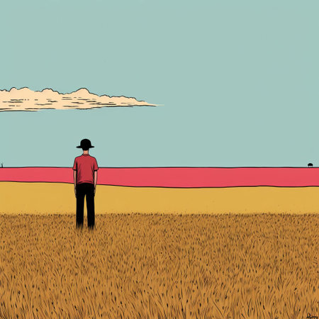 the prairie stretches out in serene vastness, captured in a vibrant illustration by jean jullien, featuring a warm color palette and whimsical details, evoking a sense of freedom and adventure, perfect for nature lovers and fans of rustic landscapes and open spaces. ai generatedの素材