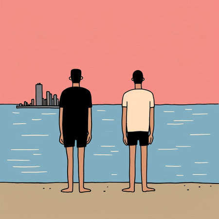 cityscape showcases a vibrant pink sky above a serene blue body of water, with a distant urban skyline visible, evoking a sense of whimsy and fantasy, reminiscent of a comic book or cartoon, characterized by bold lines, minimalist color palette, and a dreamy atmosphere. ai generatedの素材