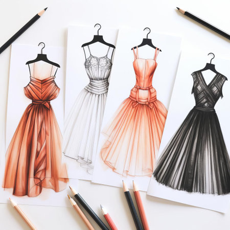 dresses outline elegantly showcased on a pristine white background, highlighting the intricate details and silhouettes of various styles, from flowing gowns to chic cocktail dresses, perfect for fashion designers, artists, and enthusiasts seeking inspiration for their next creative project. ai generatedの素材