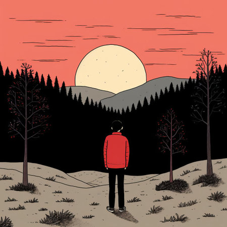 the hinterland, a thought-provoking illustration by french artist jean jullien, showcases a surreal landscape where nature and architecture blend, featuring a serene mountain range, lush green forests, and a subtle mist, evoking a sense of mystery and tranquility, perfect for art lovers and fans of abstract landscapes. ai generatedの素材