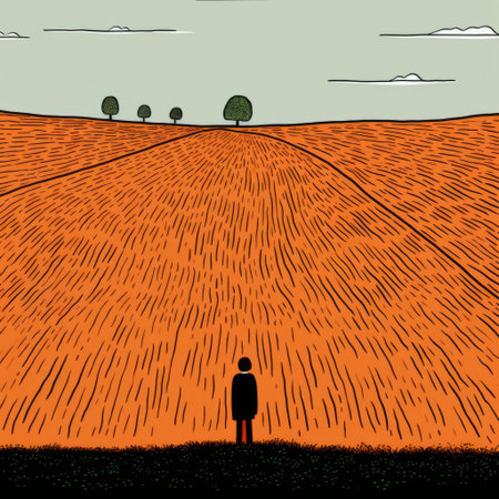 fields stretch towards the horizon, bathed in warm sunlight, as depicted in this serene landscape photograph by jean jullien, capturing the rustic charm of rural scenery, rolling hills, and endless green pastures, evoking feelings of tranquility and connection with nature. ai generatedの素材