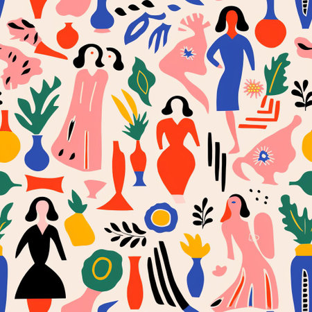 matisse's surrealist art pattern features a vibrant and dreamlike composition of swirling shapes and abstract forms, blending bold colors and intricate textures, evoking a sense of fantasy and creativity, perfect for art enthusiasts and fans of modern art movements. ai generatedの素材