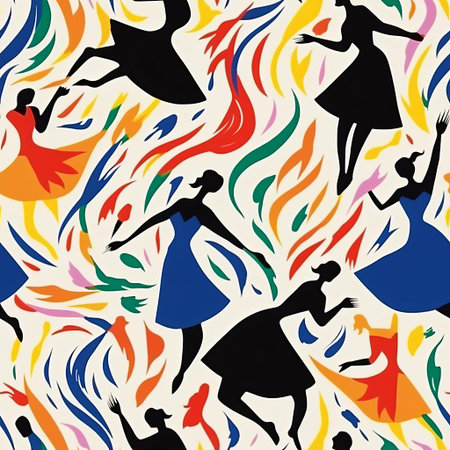 the dancer, poised in a vibrant and expressive dance pattern, is surrounded by a kaleidoscope of colors, evoking the essence of henri matisse's fauvist style, characterized by bold brushstrokes and dynamic energy, capturing the beauty and movement of the human form in a mesmerizing visual display. ai generatedの素材