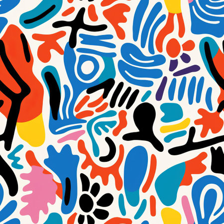 matisse's vibrant surrealist art pattern bursts with colorful shapes and swirling forms, evoking a dreamlike atmosphere reminiscent of abstract expressionism, as bold brushstrokes and geometric motifs blend in a mesmerizing dance of creativity, perfect for art lovers and design enthusiasts alike. ai generatedの素材
