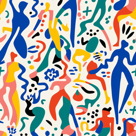 the vibrant figurative art pattern, reminiscent of henri matisse's signature style, bursts with colorful shapes and organic forms, blending elements of fauvism and cubism to create a dynamic visual experience, perfect for art enthusiasts and fans of modern art movements. ai generatedの素材