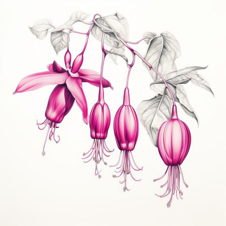 fuchsia flowers bloom vibrantly in this stunning simple line art illustration, set against a crisp white background, showcasing the delicate beauty of these exotic flowers in a modern and minimalist style, perfect for nature lovers and art enthusiasts alike. ai generatedの素材