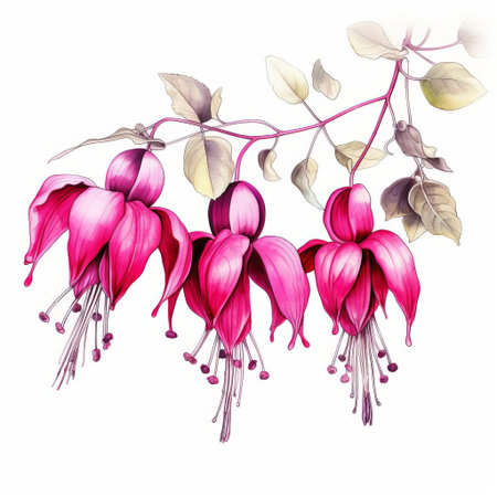 fuchsia flowers bloom vibrantly against a crisp white background in this stunning simple line art illustration, showcasing the delicate beauty of these exotic flowers with bold, expressive lines and subtle shading, perfect for nature lovers and art enthusiasts alike. ai generatedの素材