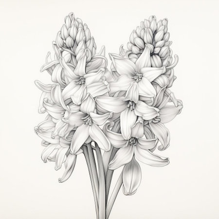 hyacinth, a delicate and elegant flower, is beautifully illustrated in simple line art style against a crisp white background, showcasing its intricate details and subtle beauty, perfect for nature lovers and art enthusiasts alike, evoking feelings of serenity and calmness. ai generatedの素材