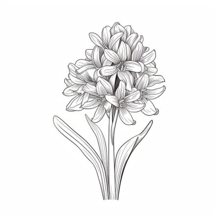 the delicate hyacinth flower takes center stage in this beautiful simple line art illustration, set against a crisp white background, showcasing the intricate details and gentle curves of its petals, perfect for nature lovers and art enthusiasts alike. ai generatedの素材