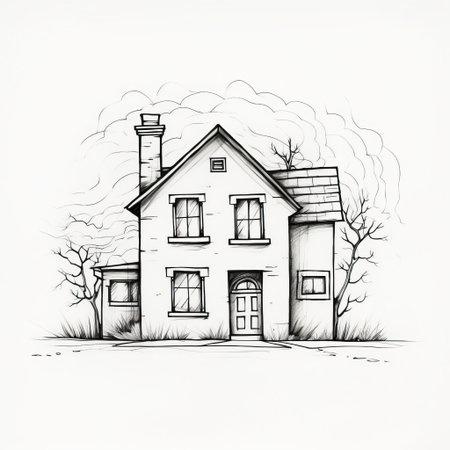 the house, illustrated in simple line art, stands out against a crisp white background, evoking a sense of modern minimalism and clean design, perfect for those who appreciate subtle elegance and understated sophistication in home decor and architecture. ai generatedの素材