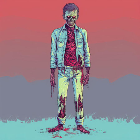 the zombie, depicted in a simple yet striking line art vector image, stands upright in a full-body pose, showcasing its undead features, from its hollow eyes to its tattered clothes, perfect for horror-themed designs and illustrations requiring a minimalist approach to the undead. ai generatedの素材