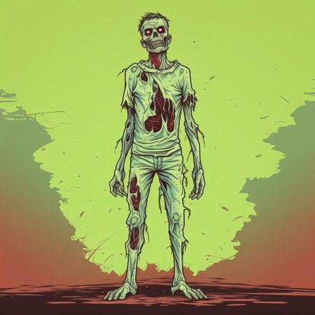 the zombie, depicted in a simple yet striking line art vector style, stands upright in a full-body pose, showcasing its undead features, from the hollow eyes to the tattered clothes, perfect for horror-themed designs, illustrations, and digital art projects. ai generatedの素材