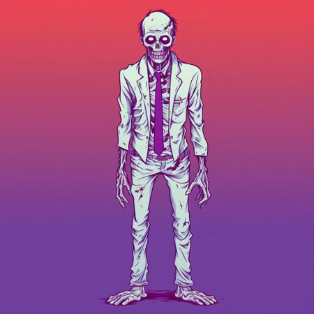 the zombie, depicted in a simple yet striking line art vector style, stands upright in a full-body pose, showcasing its undead features, from its hollow eyes to its tattered clothes, perfect for horror-themed designs, illustrations, and digital art projects. ai generatedの素材