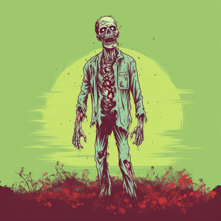the zombie, depicted in a simple yet striking line art vector image, stands upright in a full-body pose, showcasing its undead features, from its hollow eyes to its tattered clothes, perfect for horror-themed designs and spooky illustrations. ai generatedの素材